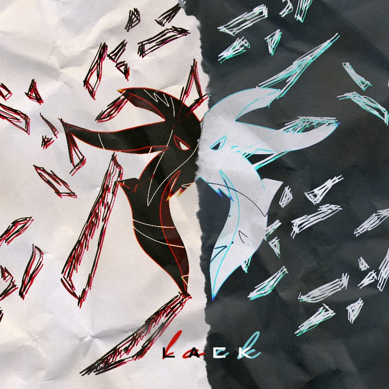 Lack avatar: a red and white emblem split across torn black and white paper