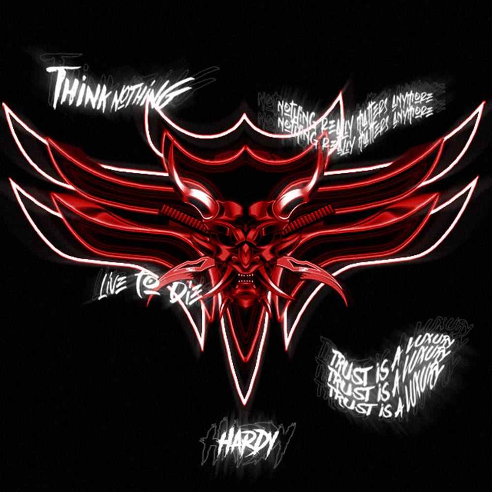 Hardy avatar: a red neon winged mask with hand-set lettering on black