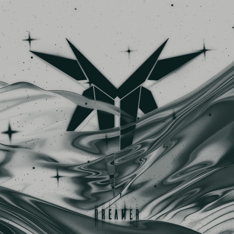 Dreamer avatar: a dark angular emblem over pale liquid texture