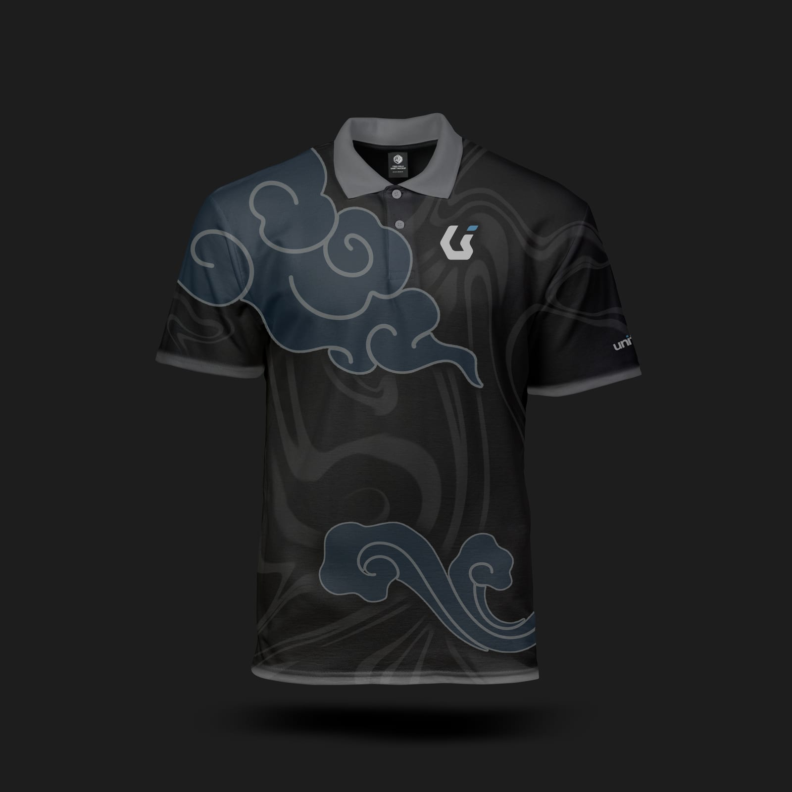 Unity jersey: a dark polo shirt with a pale cloud pattern, front view