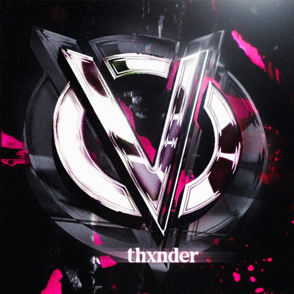 Thxnder avatar: a chrome V emblem with pink paint marks